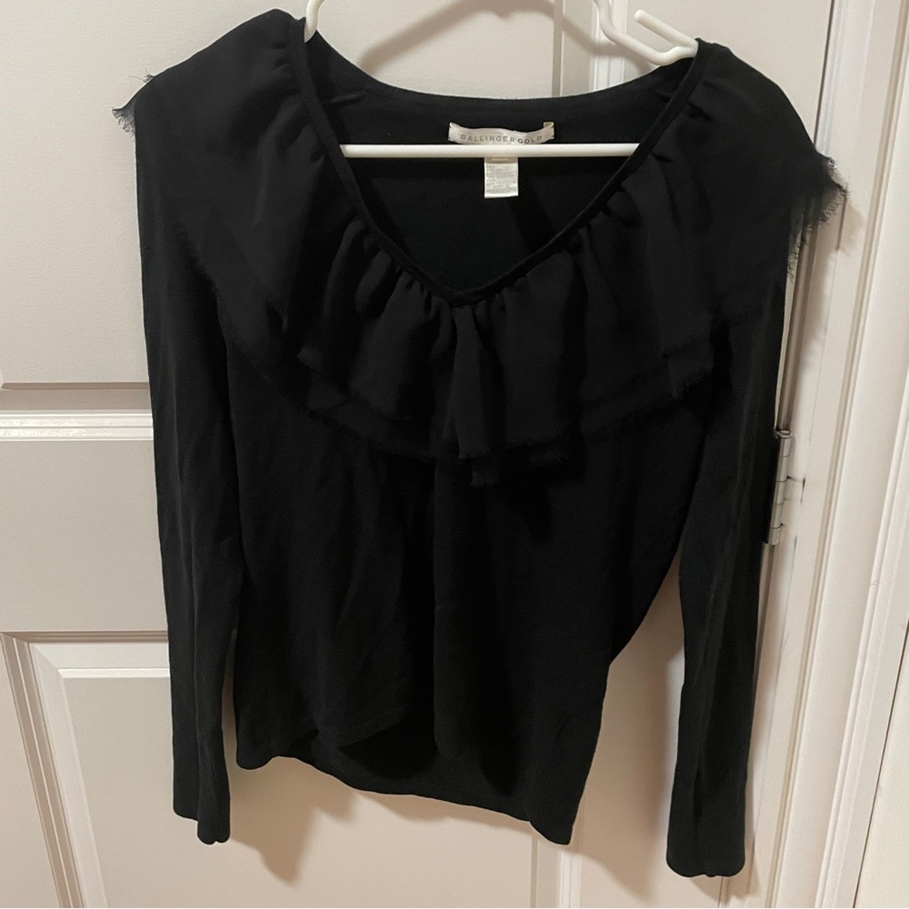 Ballinger Gold | Black v neck sweater blouse with gorgeous fringe size medium